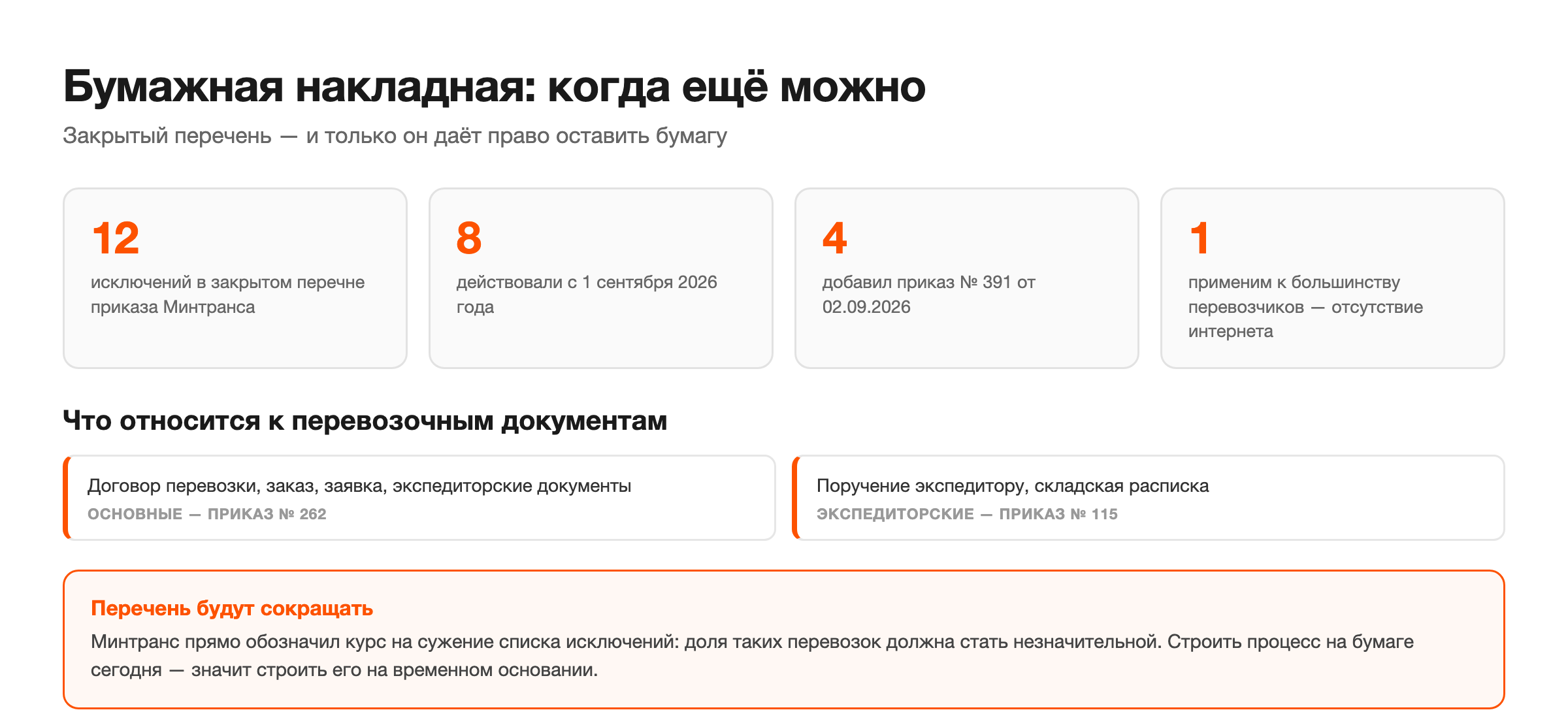 Инфографика: 12 исключений из перечня Минтранса, из них 8 действуют с 1 сентября 2026 года и 4 добавлены приказом № 391